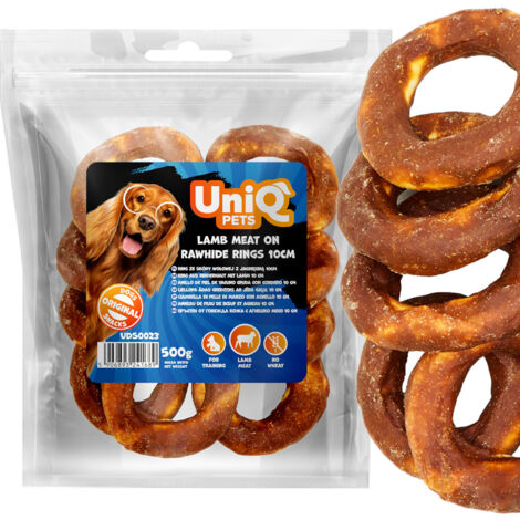 Uniq Pets Rohhaut-Leckerli für Hunde, 500 g Rindslederring mit Lammfleisch, 10 cm (1/5)