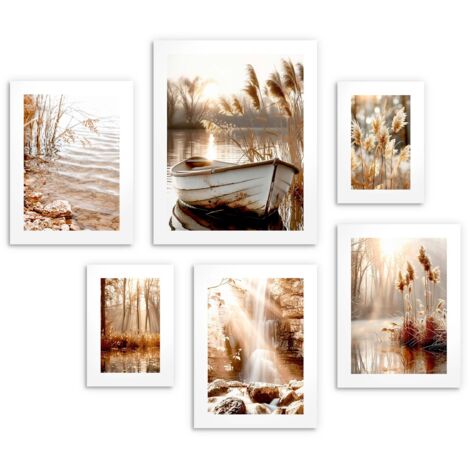 Boho Poster für die Wohnzimmerwand XXL - Pampasgras Boot See beige