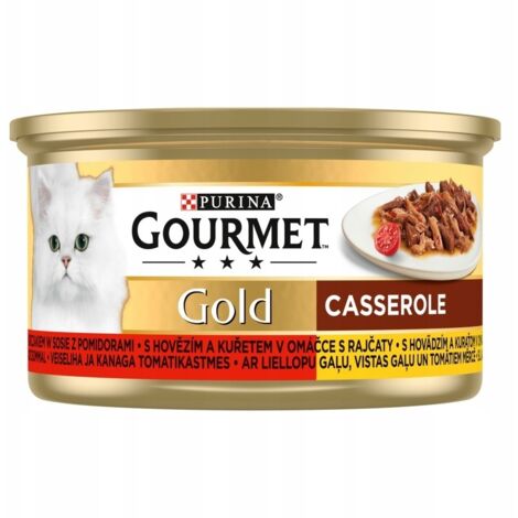 Gourmet Gold Katzenfutter-Auflauf mit Rind- und Hühnerfleisch in Tomatensoße 85 g (1/2)