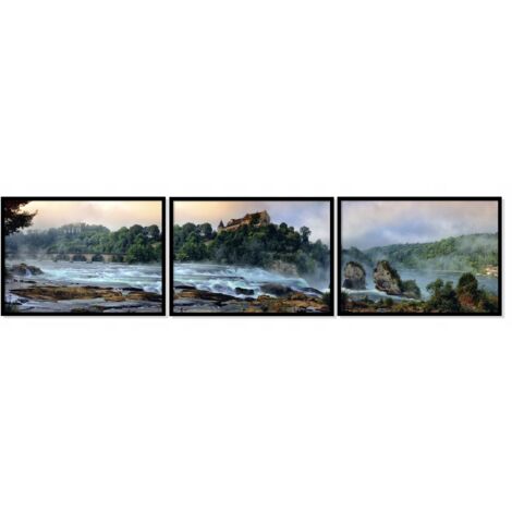QUADRO INCORNICIATO 53x73cm Trittico Set di 3 dipinti Cascata Ruscello Montagne P1010 (1/3)