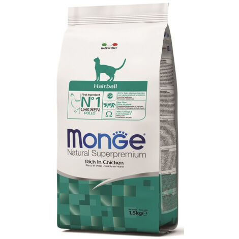 Monge Superpremium Crocchette per Gatto, Ricche di Pollo - Gatto Hairball, 1,5kg