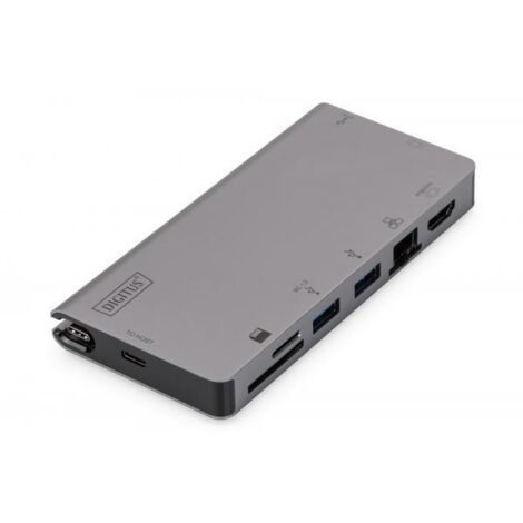 Dock da viaggio multiporta USB-C Digitus, 8 porte, grigio: 2x video, 2x USB C, 2x USB 3.0, RJ45, 2x lettore di schede, DA-70877 (1/4)
