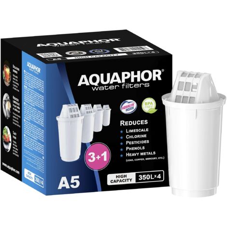 AQUAPHOR Cartucce filtro A5 3+1 pacco I Filtra calcare e cloro, metalli pesanti e altre sostanze I 350l acqua purificata I Con la tecnologia AQUALEN I Per bevande e cibo migliori (1/5)