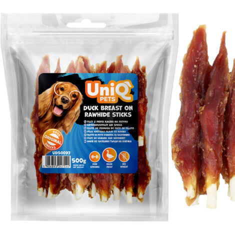 Snack per cani Uniq Pets in pelle di bufalo, 500 g di filetto di petto d'anatra su stecco (1/5)