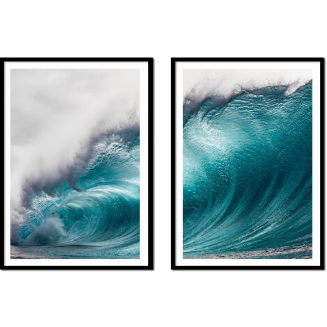 POSTERS CON FOTOS EN MARCO 53x73cm Díptico Conjunto de 2 cuadros Olas del Mar Surf P2152