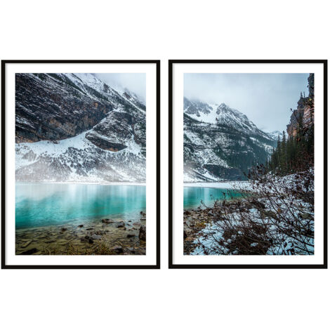 POSTERS CON FOTOS EN MARCO 53x73cm Díptico Conjunto de 2 cuadros Montañas Lago P2077