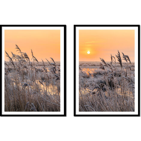Cuadro enmarcado de 53x73cm. Díptico. Juego de 2 cuadros. Campo al atardecer estilo bohemio. P2175 (1/3)