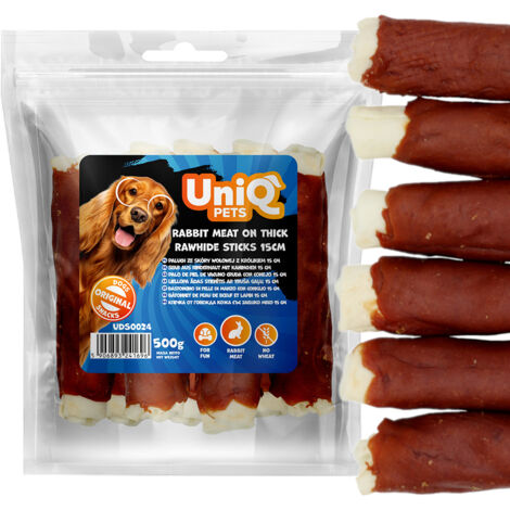 Golosinas de cuero crudo Uniq Pets PARA PERROS 500 g, palito de piel de res con conejo de 15 cm (1/5)