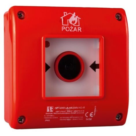 Pulsador de alarma de incendios manual (PF), versión de superficie, activación por rotura de cristal, 1 contacto NA, 1 contacto NC con martillo.