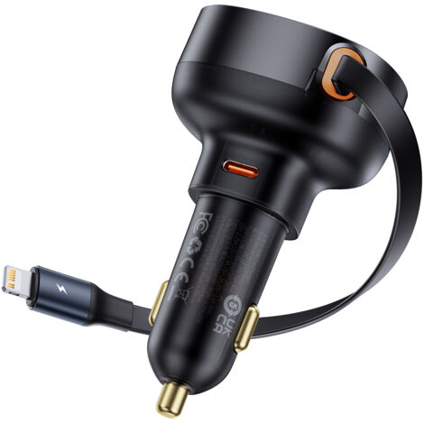 Cargador de coche con cable retráctil para iPhone Lightning USB-C 60W negro (1/5)