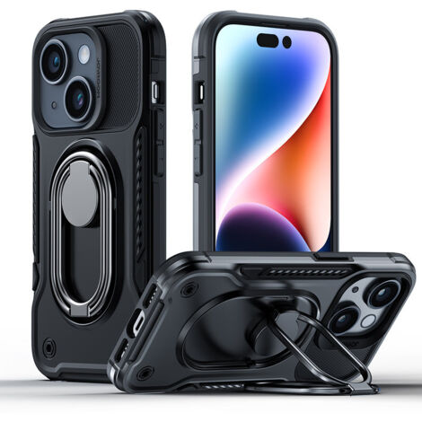 Funda para iPhone 14, carcasa reforzada con soporte y anillo de sujeción, color negro. (1/5)