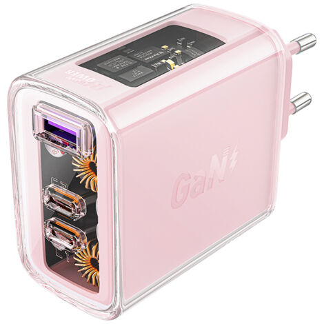 Cargador de pared GaN de 65 W con 3 puertos: 1 USB y 2 USB-C (rosa) (1/5)