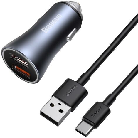 Cargador rápido para coche 2x USB 40W QC SCP FCP AFC + cable USB-C gris (1/5)