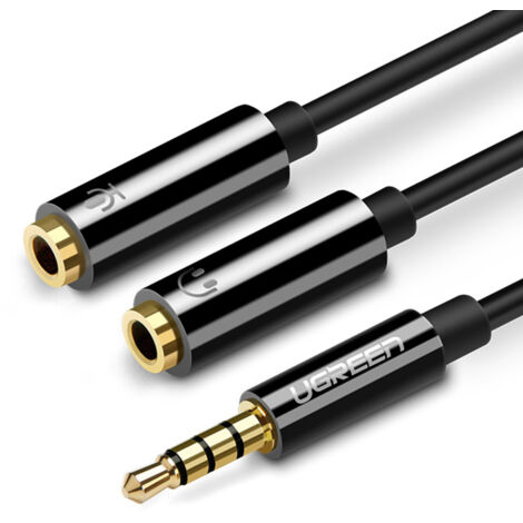 Cable divisor de audio AUX UGREEN AV141, miniconector de 3,5 mm (macho) a conector para auriculares + micrófono (hembra), 20 cm (negro).
