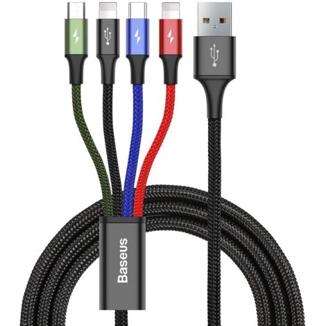 Cable USB 4 en 1 2 x iPhone Lightning USB-C microUSB Trenzado de nailon 3.5A 1.2m Negro (1/5)