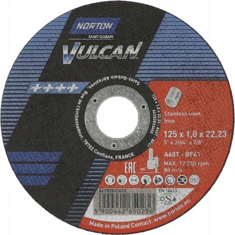 Disco de corte para acero inoxidable y metal NORTON VULCAN INOX de 125 x 1 x 22 mm (1/3)