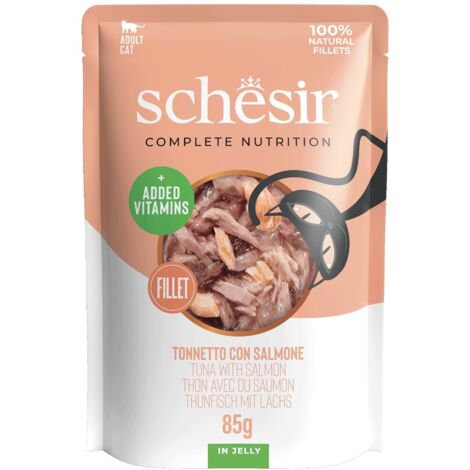 Schesir  Alimento en filetes para gatos  Sobre de 85 g - Atún con salmón en gelatina 85 g