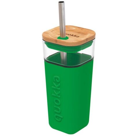 Quokka Liquid Cube - Vaso de vidrio de 540 ml con pajita de acero inoxidable (verde) (1/3)