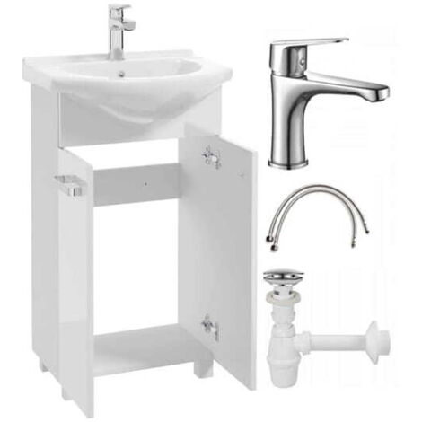 Mueble de baño con lavabo sobre patas 85x50, de pie blanco Mila con grifería cromada alargada