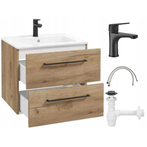 Mueble de baño con lavabo suspendido de 50 cm, de roble artesanal, con grifo y sifón de pino.