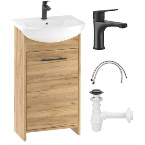 Conjunto de mueble de baño roble dorado de 45cm con lavabo, grifo y sifón Frigo