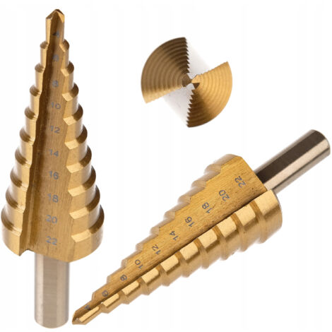 Broca escalonada c贸nica 4-22 mm HSS de titanio para metal, madera, pl谩stico (1/5)