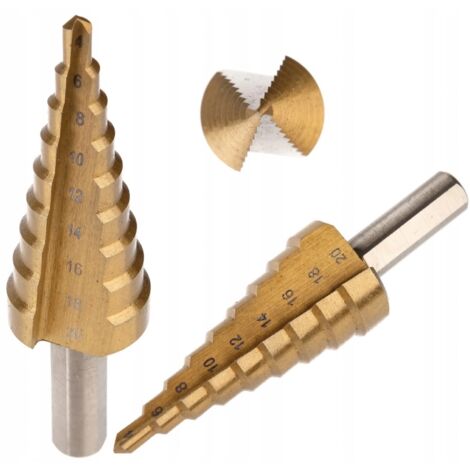Broca c贸nica escalonada de 谩rbol de Navidad HSS titanio 4-20 mm (1/5)