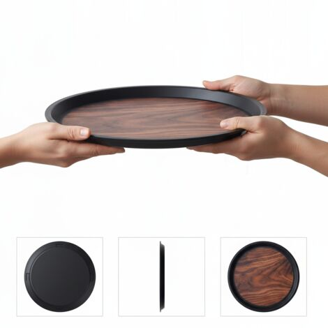 BANDEJA DE CAMARERO PARA CARNAVAL ANTIDESLIZANTE IMITACI脫N MADERA MARR脫N REDONDA 36Cm