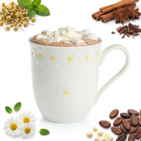 TAZA PARA CAF脡, T脡, CHOCOLATE 300 ml CER脕MICA BLANCA DISE脩O L脥NEA MARGARITAS