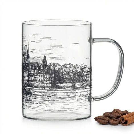 TAZA DE VIDRIO CIUDAD DE TORU艃 400 ML TRANSPARENTE CON IMPRESI脫N NEGRA