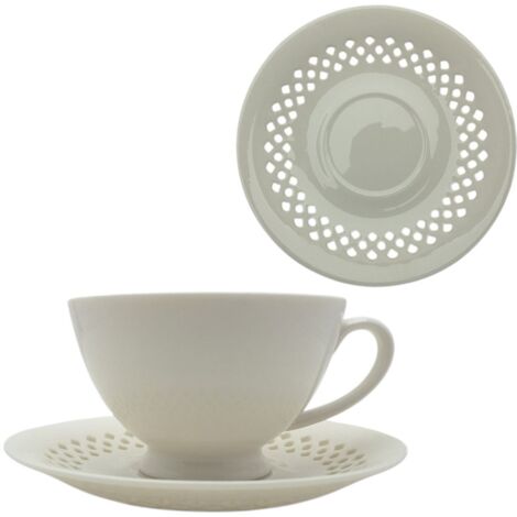 TAZA DE CER脕MICA BLANCA 260ml CON PLATO CALADO PARA CAF脡 Y T脡 (1/5)