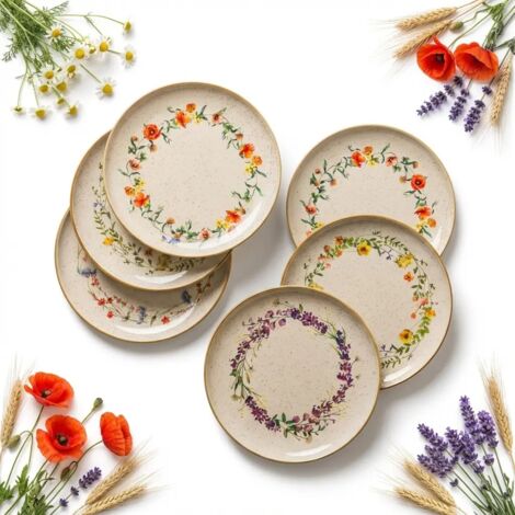 PLATOS 6 uds. PLATOS LLANO GRANDES 27cm BAJOS CER脕MICA FLORES SILVESTRES