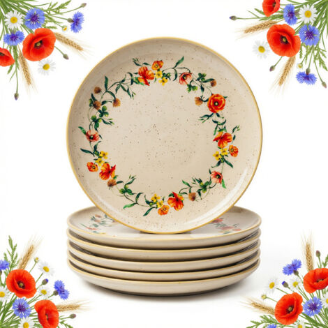 PLATOS 6 uds PLATOS LLANO GRANDES 27cm CER脕MICA FLORES SILVESTRES AMAPOLAS