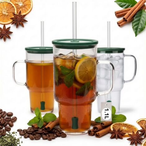 TAZA BOTELLA DE VIDRIO GRANDE STANLEY 1,1 L TRANSPARENTE CON TAPA Y PAJITA