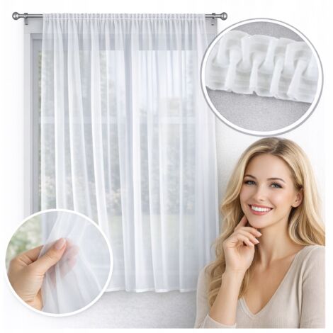 Cortinas listas para usar para salón y dormitorio, de voile blanco liso, con cinta y presilla para barra, 140 x 270 cm, estilo moderno.