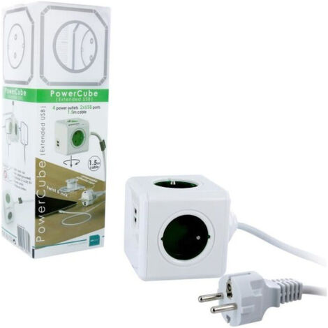 Allocacoc PowerCube - Ladrón de 4 enchufes y 2 Puertos USB (3500 W, Norma Francesa), Blanco