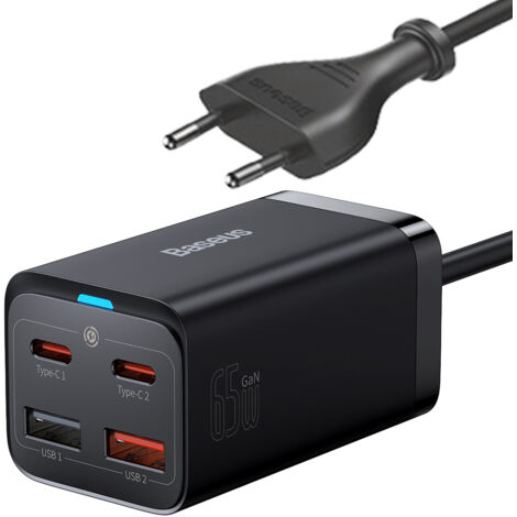 Cargador de pared rápido GaN3 Pro 2x USB-C / 2x USB 65W PD QC + cable USB-C de 1m negro (1/5)