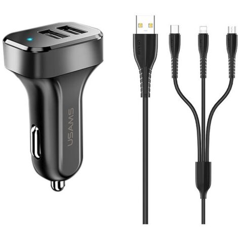 Cargador de coche USAMS 2xUSB C13 21A 3 en 1 microUSBUSBClightning negro NTU35YTSC13TZ (1/4)