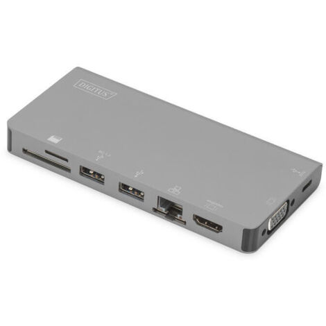 Base de viaje multipuerto USB-C Digitus, 8 puertos, gris: 2 de video, 2 USB C, 2 USB 3.0, RJ45, 2 lectores de tarjetas, DA-70877 (1/4)