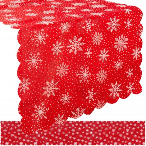 Camino de mesa navideño con estampado de copos de nieve rojos, 220x35cm, Nochebuena. (1/5)