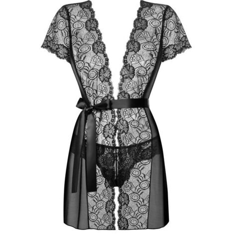 Bata y tanga - Obsessive Alluria Peignoir & Thong Negro S/M (1/4)