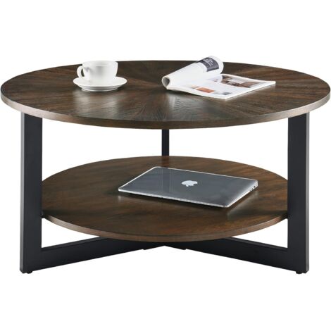 Padma House Massivholz Couchtisch rund für 2 Etagen, Wohnzimmertisch, Sofatisch, Kaffeetisch, stabiles Stahlgestell, einfacher Aufbau, Bauernhof-Couchtisch mit Stauraum, Rustikal Braun