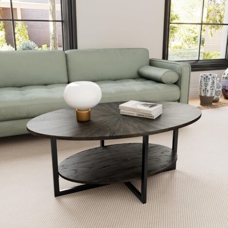 Padma House Massivholz Couchtisch rund für 2 Etagen, Ovaler Couchtisch im Modern-vintage Stil, Massivholzplatte & Kreuzförmige Eisenbeine, Kaffeetisch, Wohnzimmertisch, 110 x 66 x 45.5 cm, einfache Mo