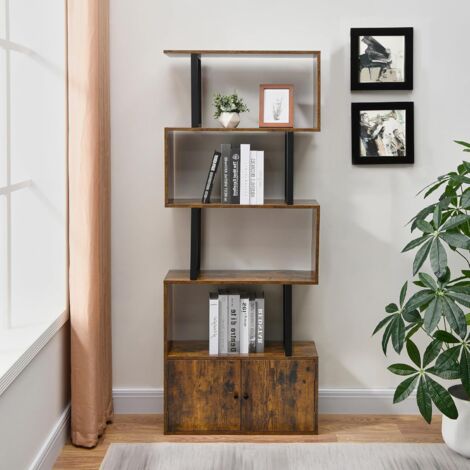 Padma House Regal, Wandregal,Bücherregal mit Unterschrank, Leiterregal,für Wohnzimmer, Büro, Schlafzimmer, Küche, S-förmiges Design,(174.5 x 70x25 cm) (Braun)