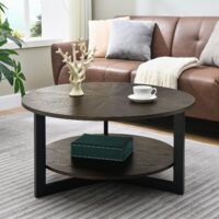 Padma House Massivholz Couchtisch rund für 2 Etagen, Wohnzimmertisch, Sofatisch, Kaffeetisch, stabiles Stahlgestell, einfacher Aufbau, Bauernhof-Couchtisch mit Stauraum, Schwarz