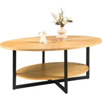 Padma House Massivholz Couchtisch rund für 2 Etagen, Ovaler Couchtisch im Modern-vintage Stil, Massivholzplatte & Kreuzförmige Eisenbeine, Kaffeetisch, Wohnzimmertisch, 110 x 66 x 45.5 cm, einfache Mo