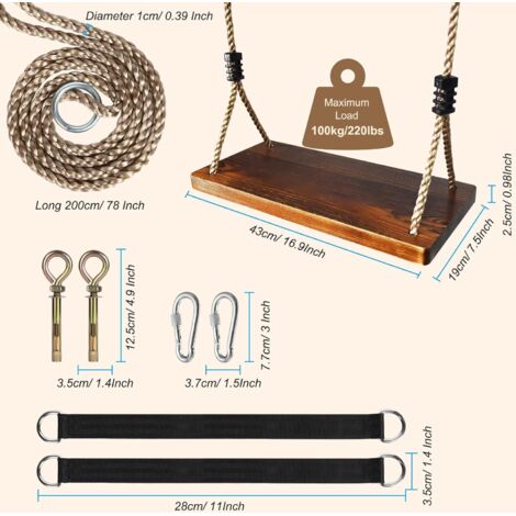 Balançoire En Bois Suspendue Avec Corde Ajustable, 40x16 Cm, Pour Enfant Et Adulte, Charge 100 Kg