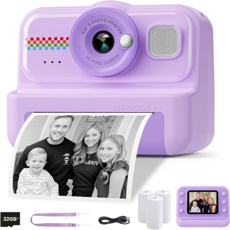 Appareil photo instantané pour enfants - 1080P - Écran de 2,4 pouces - Impression instantanée avec papier d'impression et carte TF 32 G - Cadeau pour enfants de 3 à 12 ans