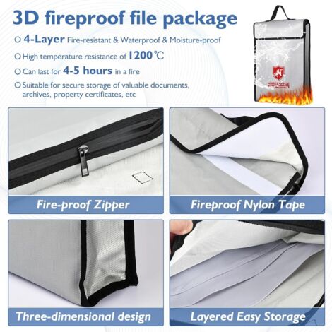 Lot De 2 Sacs Anti-Feu Ignifuges Et Imperméables – Protection Documents Objets De Valeur – Grand 38x28 Cm + Moyen 23.5x18.5 Cm Gris