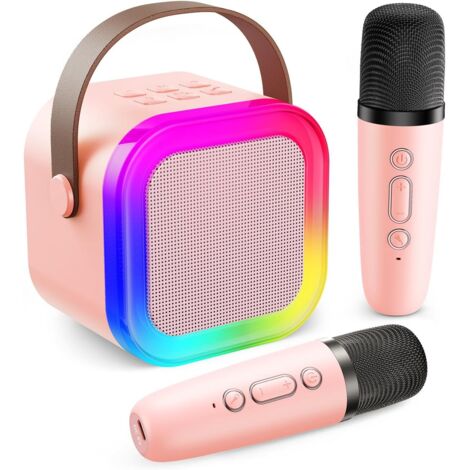 Mini Machine Karaoké Portable Pour Enfants - 2 Micros, Bluetooth 5.0, Lumières LED, Rose, Neuf